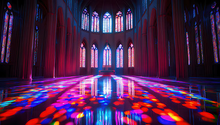 interior of the church with stained glass windows and reflections of light