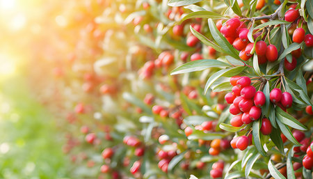 Barberry bushes with ripe fruits on a sunny day. Selective focus.の素材