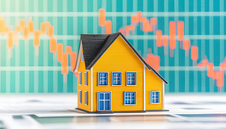 House model on stock market chart background. Real estate investment concept.の素材