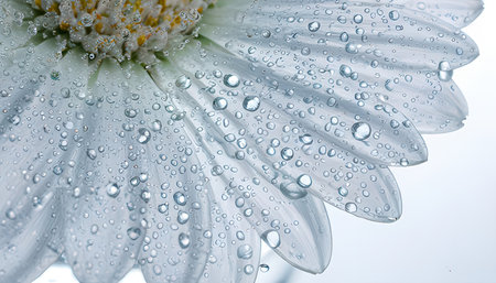Water drops on the petals of a white daisy flower.の素材