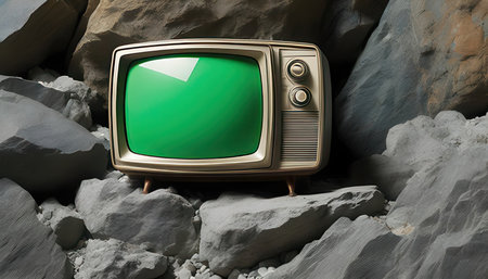 Old TV with green screen on stone background. 3D illustration.の素材