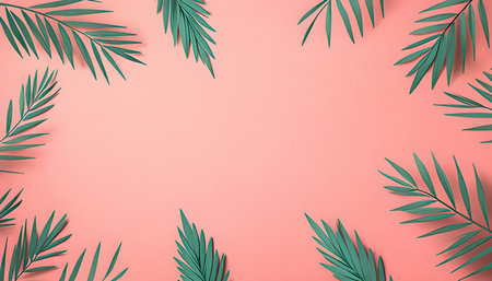 Tropical palm leaves on pink background. Flat lay, top view minimal summer concept.の素材