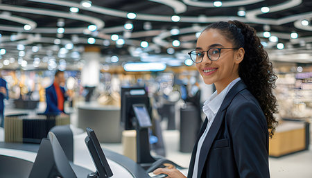 Portrait of a beautiful young businesswoman in a suit and glasses standing in the shopping center