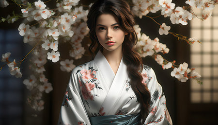 Beautiful young woman in Japanese kimono with sakura flowersの素材
