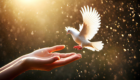 White dove flying in the air. The concept of freedom and peace.の素材