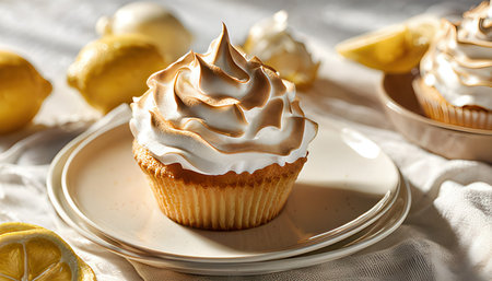 Lemon cupcake with whipped cream and lemon wedges on a plateの素材