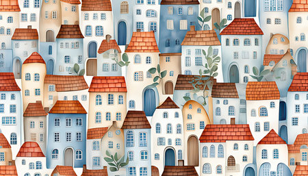 Seamless pattern with cute houses. Vector illustration in cartoon style.の素材