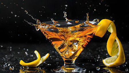 Cocktail with ice, lemon and splashes on black backgroundの素材