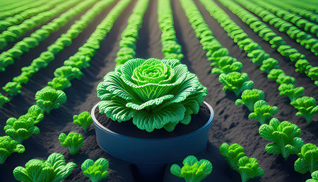 Cabbage plant in a pot on a field. 3d renderingの素材