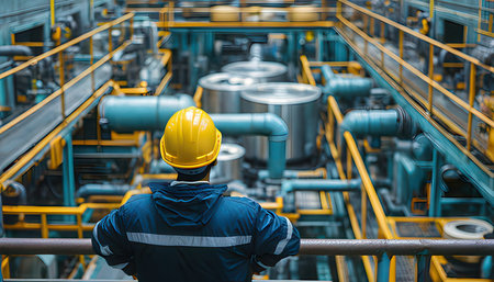 Industrial worker standing in front of industrial pipelines and equipment. Industrial backgroundの素材