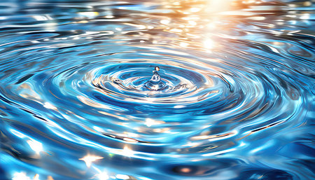 Water drop on water surface. Blue water surface with ripples.の素材