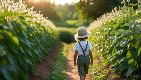 Little boy in a hat walks through the soybean field at sunsetの素材