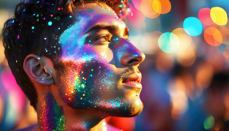 Portrait of a beautiful young man with bright make-up and glitter on his faceの素材