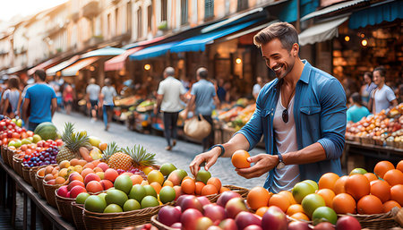 Handsome young man in blue shirt is choosing fruits on the market.の素材