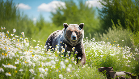 Grizzly bear in the summer meadow with daisiesの素材