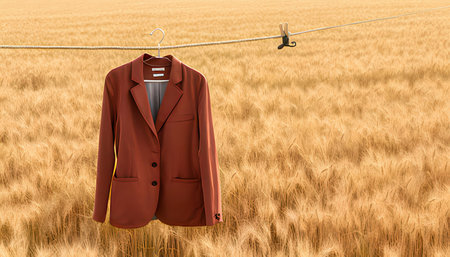 Red jacket on a clothesline in a wheat field. 3d renderingの素材