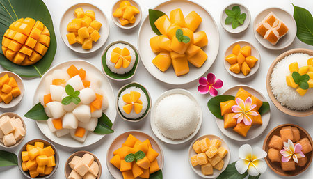 Mango and sticky rice in a plate over white background, top viewの素材