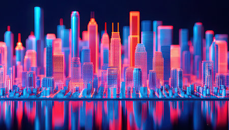 New York city skyline with neon lights. 3D Rendering.の素材