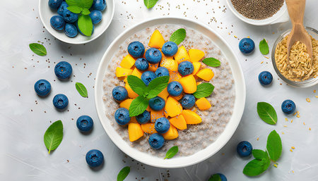 Healthy breakfast. Oatmeal with fresh blueberries and mango on a light background, top viewの素材