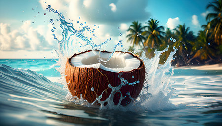Coconut splashing into the water on a tropical beach.の素材