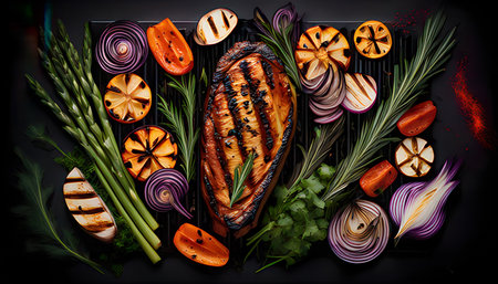 Grilled fish with vegetables on a black background. Top view.の素材
