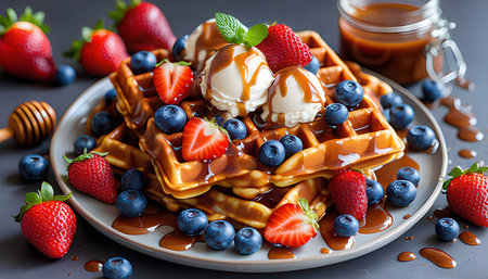 Belgian waffles with ice cream, fresh berries and caramel syrupの素材