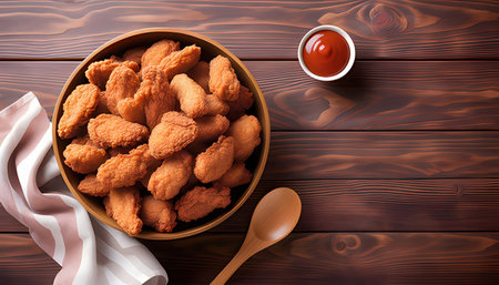 Bowl of fried chicken nuggets with ketchup on wooden backgroundの素材