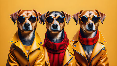 Three dogs in a yellow coat and sunglasses on a yellow background.の素材