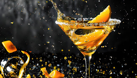 Martini glass with splashes of orange juice on a black backgroundの素材