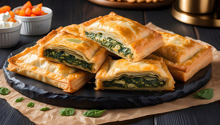Puff pastry with spinach and ricotta on a black plate.の素材
