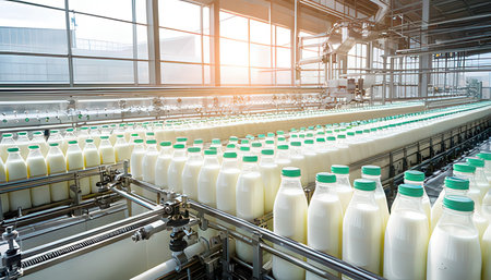 Conveyor belt with bottles of milk in a modern dairy production plantの素材