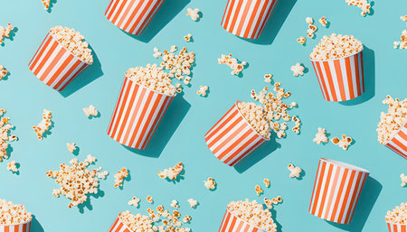 Popcorn pattern on blue background. Cinema concept. Flat lay, top viewの素材