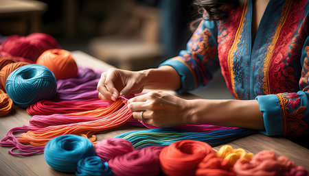 Close up of a female hand weaving a colorful silk thread. Selective focus.