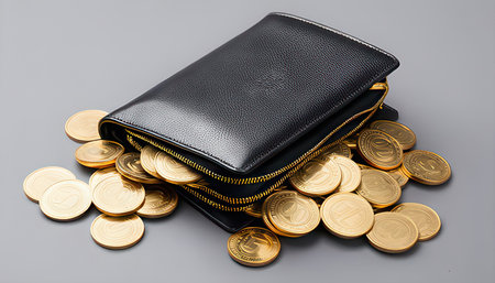 Black leather wallet with gold coins on a gray background. Close up.の素材