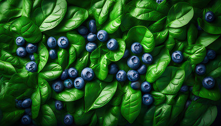 Blueberries on green leaves background. Healthy food and nutrition concept.の素材