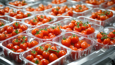 Cherry tomatoes in plastic boxes in a supermarket. Selective focus.の素材
