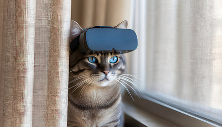 Cute cat wearing a virtual reality headset looking out the window.の素材