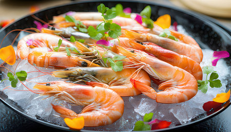 Shrimps on ice with flower in black plate, closeupの素材