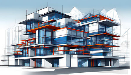 Abstract architectural 3D render of a modern apartment building. Architectural project.の素材