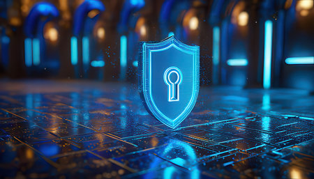 Cyber security concept. Shield with keyhole icon on computer screen. 3d illustrationの素材