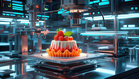 3d rendering strawberry cake on conveyor belt in modern factory.の素材