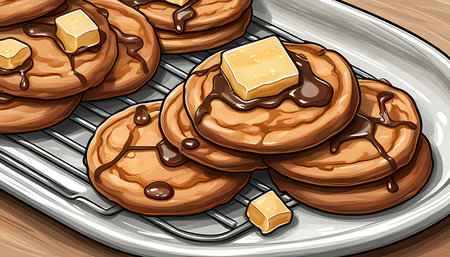 Illustration of a stack of chocolate cookies with butter on a trayの素材
