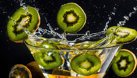 Fresh kiwi fruit splashing into a glass of martini on black backgroundの素材