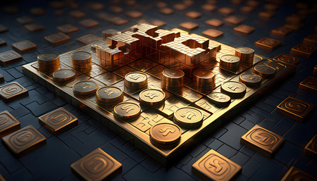3d illustration of abstract background with golden coins and puzzle pieces.の素材