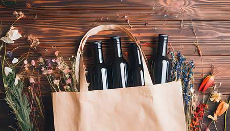 Wine bottles in paper bag on wooden background. Top view.の素材