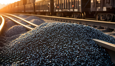 Railway station with freight cars at sunset. Shallow depth of field.の素材