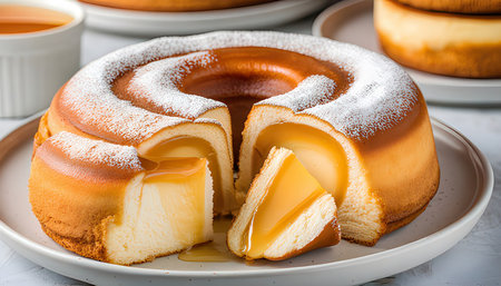 Cheesecake with caramel and custard on a white plate.の素材