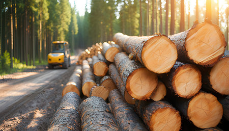 Logs of pine trees in the forest, logging and transportation industryの素材