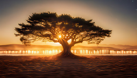 Sunset on the beach with a tree in the foreground, 3d renderの素材