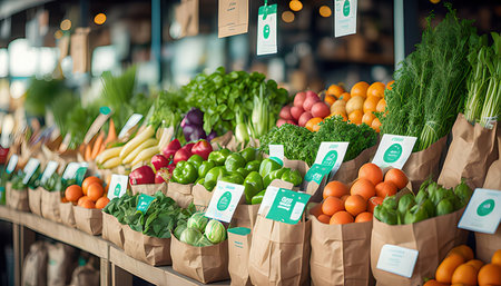 Fruits and vegetables in paper bags for sale at the supermarket.の素材